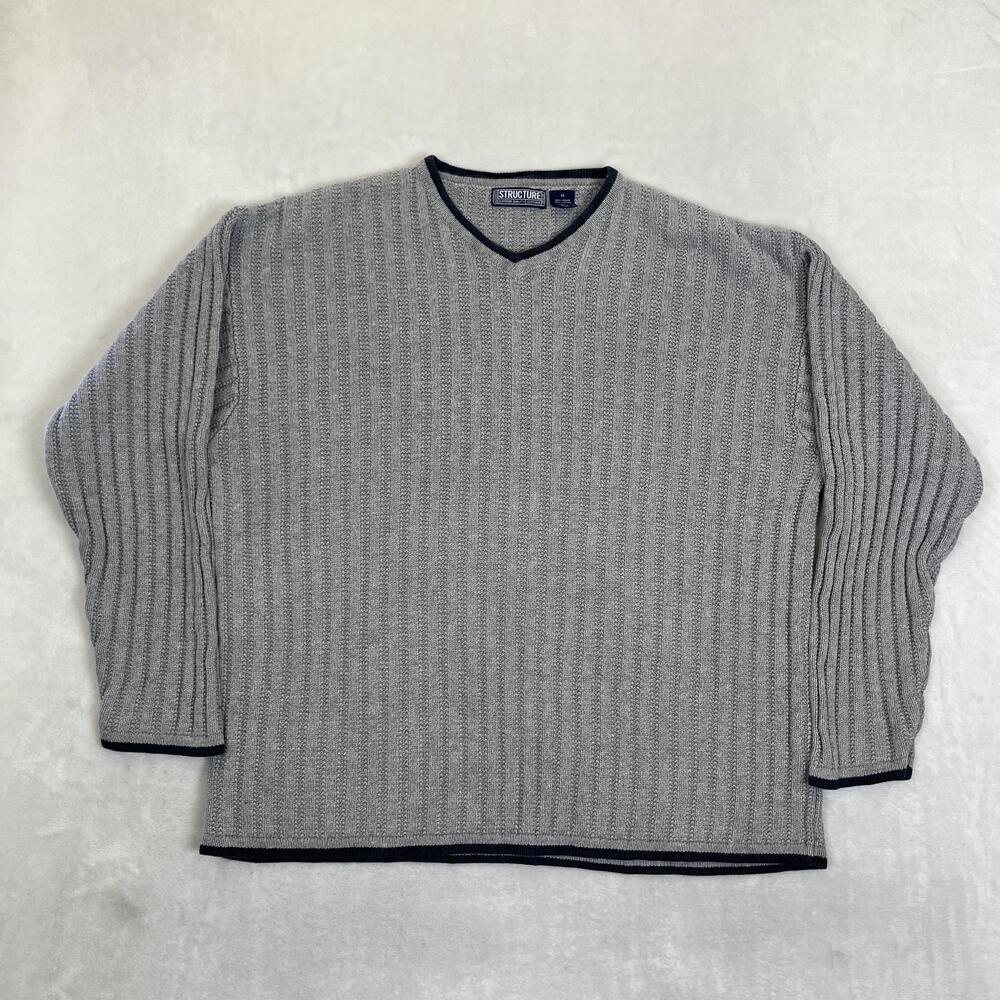 Vintage Structure Sweater Mens Medium Gray V Neck Ribbed Knit Pullover Y2K